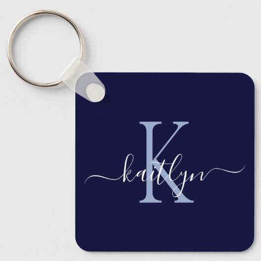 Navy Blue Name Initiaal Monogram Sleutelhanger (Voorkant)
