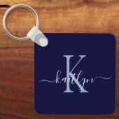 Navy Blue Name Initiaal Monogram Sleutelhanger (Voorkant)