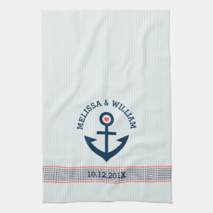 Navy Blue Nautical Anchor & Decorative Stripes Theedoek