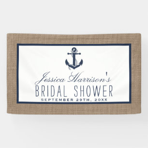 Navy Blue Nautical Anchor on Burlap Vrijgezellenfe Spandoek