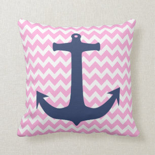 Navy Blue Nautical Anchor Pink White Chevron Kussen