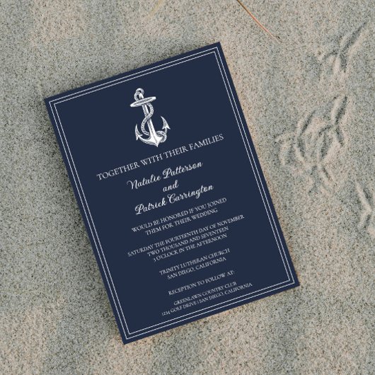 Navy Blue Nautical Anchor Wedding Invitation Kaart