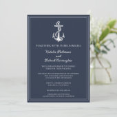 Navy Blue Nautical Anchor Wedding Invitation Kaart (Staand voorkant)