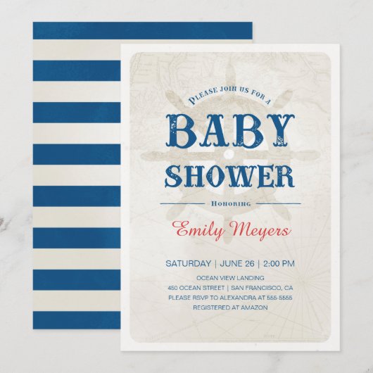Navy Blue Nautical Baby shower Invitation Kaart (Voorkant / Achterkant)