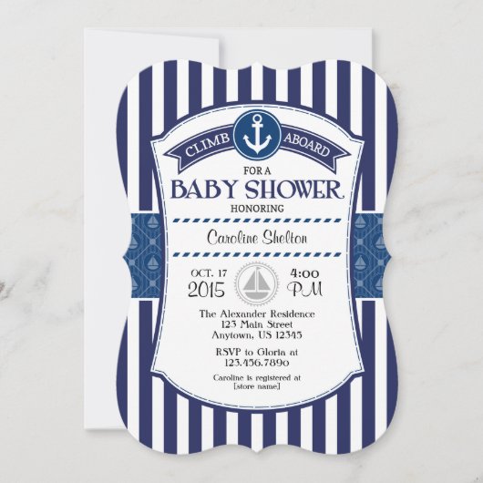Navy Blue Nautical Baby shower Invitation Kaart (Voorkant)