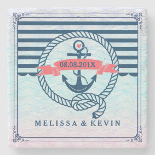 Navy Blue Nautical Boat Anchor met Knot Stenen Onderzetter