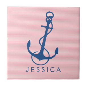 Navy Blue Nautical Boat Anchor op roze Tegeltje