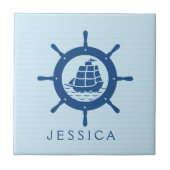Navy Blue Nautical Boat Wheel Tegeltje (Voorkant)