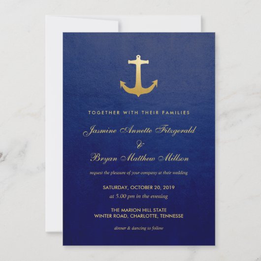 Navy Blue Nautical Faux Gold Foil Anker Wedding Kaart (Voorkant)