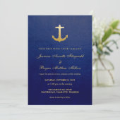 Navy Blue Nautical Faux Gold Foil Anker Wedding Kaart (Staand voorkant)
