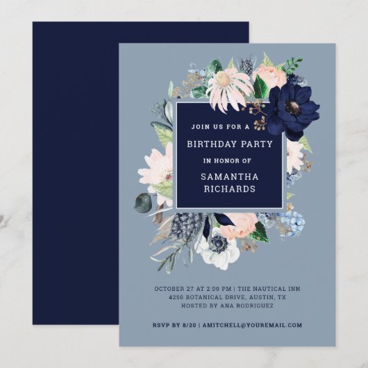 Navy Blue Nautical Floral | verjaardagsfeestje Kaart (Voorkant / Achterkant)