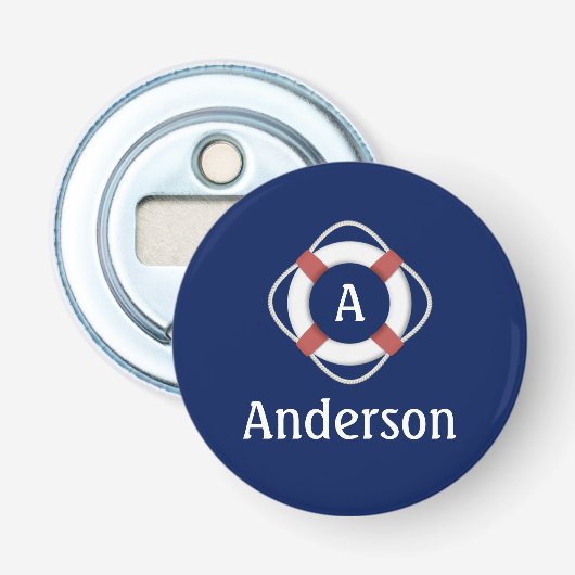 Navy Blue Nautical Lifesaver Monogram Button Flesopener (Voorkant)