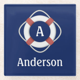 Navy Blue Nautical Lifesaver Monogram Glazen Onderzetter