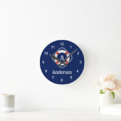 Navy Blue Nautical Lifesaver Monogram Ronde Klok (Huis)