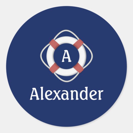 Navy Blue Nautical Lifesaver Monogram Ronde Sticker (Voorkant)