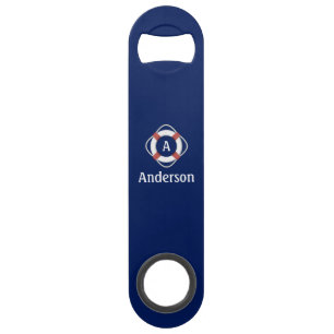 Navy Blue Nautical Lifesaver Monogram Speed Flessenopener