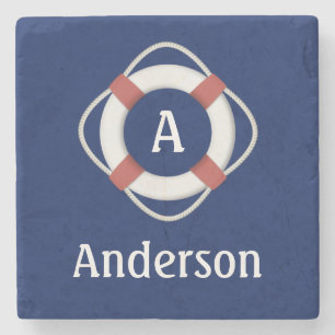 Navy Blue Nautical Lifesaver Monogram Stenen Onderzetter