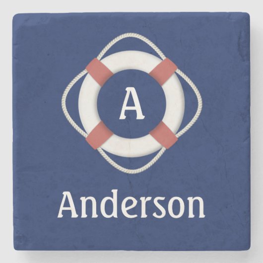 Navy Blue Nautical Lifesaver Monogram Stenen Onderzetter (Voorkant)