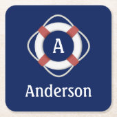 Navy Blue Nautical Lifesaver Monogram Vierkante Kartonnen Onderzetter (Voorkant)