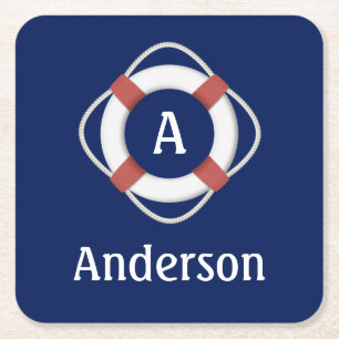 Navy Blue Nautical Lifesaver Monogram Vierkante Kartonnen Onderzetter