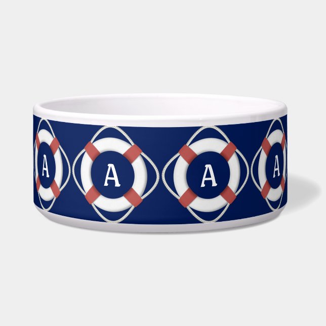 Navy Blue Nautical Lifesaver Monogram Voerbakje (Voorkant)