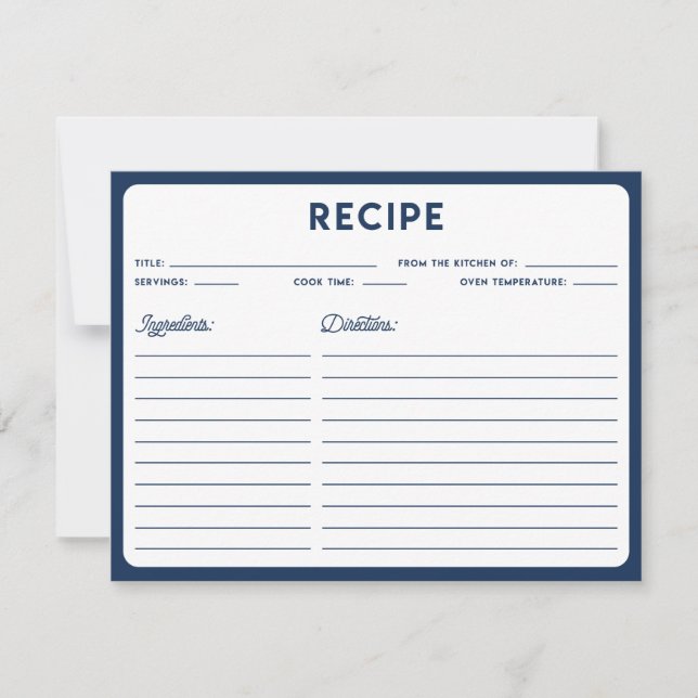 Navy Blue Nautical Modern Typography Recipe Card (Voorkant)