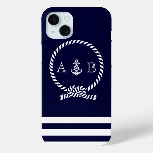 Navy Blue Nautical Rope en Anchor Monogrammed Case-Mate iPhone Case (Achterkant)