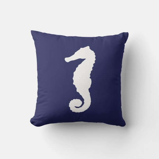 Navy Blue Nautical Seahorse Kussen (Voorkant)