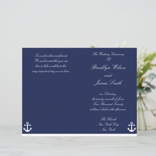 Navy Blue Nautical Wedding Ceremony Program Flyer (Staand voorkant)