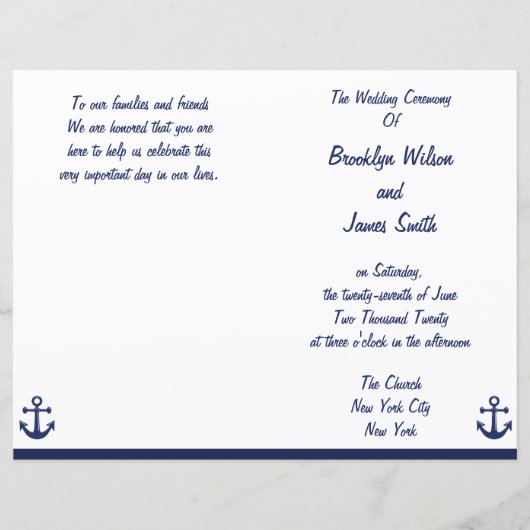 Navy Blue Nautical Wedding Ceremony Program Flyer (Voorkant)
