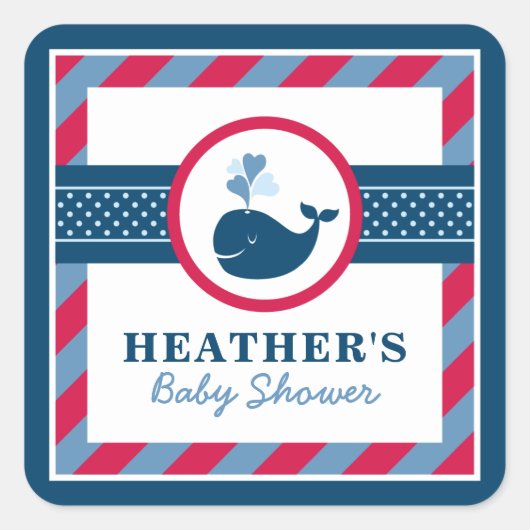 Navy Blue Nautical Whale Baby Boy Shower Red Vierkante Sticker (Voorkant)