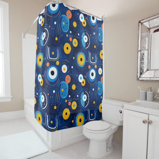 Navy Blue Nazar BOHO Evil Eye Pattern Douchegordijn (In situ)