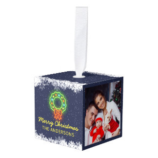 Navy Blue Neon Snowflake kerstfeestdag 2 Foto Kubus Ornament