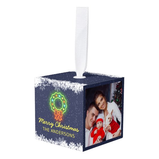 Navy Blue Neon Snowflake kerstfeestdag 2 Foto Kubus Ornament (Voorkant hoekig)