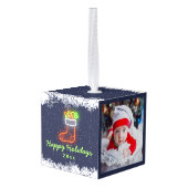 Navy Blue Neon Snowflake kerstfeestdag 2 Foto Kubus Ornament (Achter hoekig)