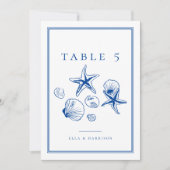 Navy Blue Ocean Zee Shell Trouwtafel Nummers Kaart (Voorkant)