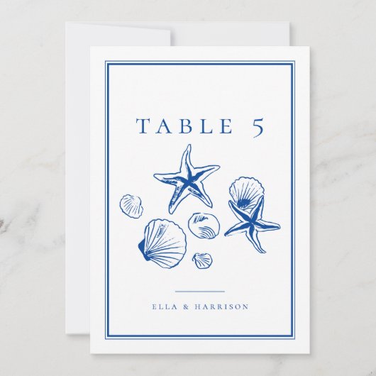 Navy Blue Ocean Zee Shell Trouwtafel Nummers Kaart (Voorkant)