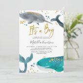 Navy Blue Oh Baby Whale Baby shower Invitation (Debout devant)