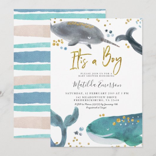 Navy Blue Oh Baby Whale Baby shower Invitation (Devant / Derrière)
