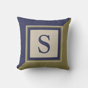 Navy Blue Olive Green Tan Large Monogram Kussen