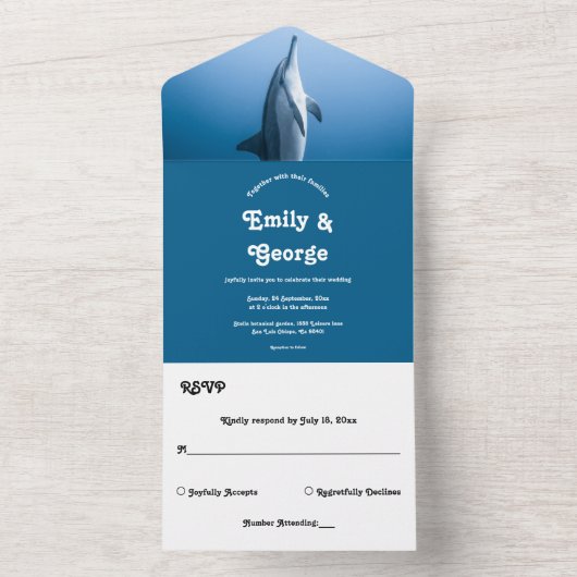 Navy Blue, onder het Zee dolfijnenkusthuwelijk All In One Uitnodiging (Binnen)