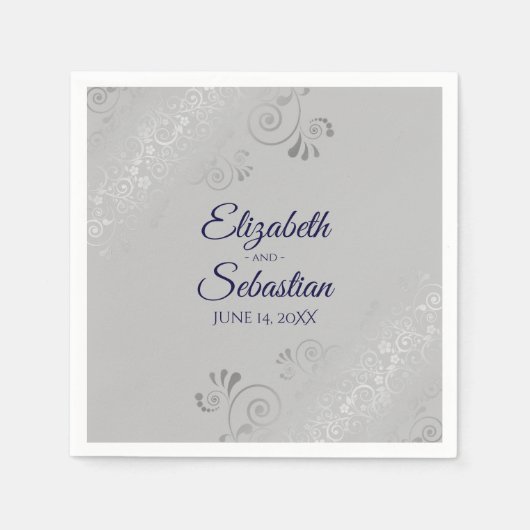 Navy Blue op Grey Silver Frills Elegant Wedding Servet (Voorkant)