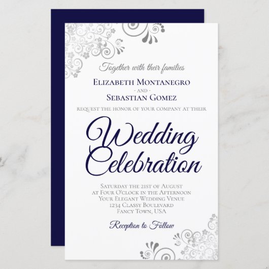 Navy Blue op White BUDGET Wedding Invite Large (Voorkant / Achterkant)