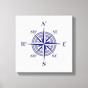 Navy Blue op White Coastal Decor Compass Roos Canvas Afdruk