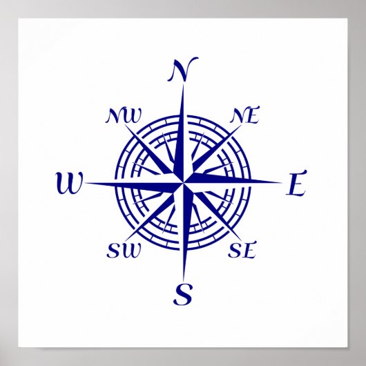 Navy Blue op White Coastal Decor Compass Roos Poster (Voorkant)
