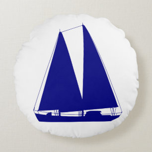 Navy Blue op White Coastal Decor Sailboat Rond Kussen