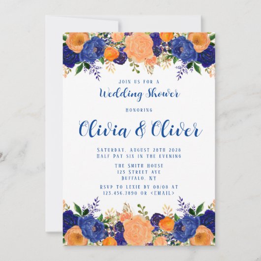 Navy Blue Oranje Botanical Florals Wedding Shower Kaart (Voorkant)