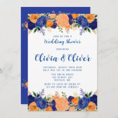 Navy Blue Oranje Botanical Florals Wedding Shower Kaart (Voorkant / Achterkant)