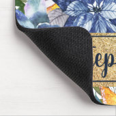 Navy Blue Oranje Floral Gold Name Script Muismat (Hoek)