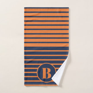 Navy Blue Oranje Gestreepte Monogram Handdoek